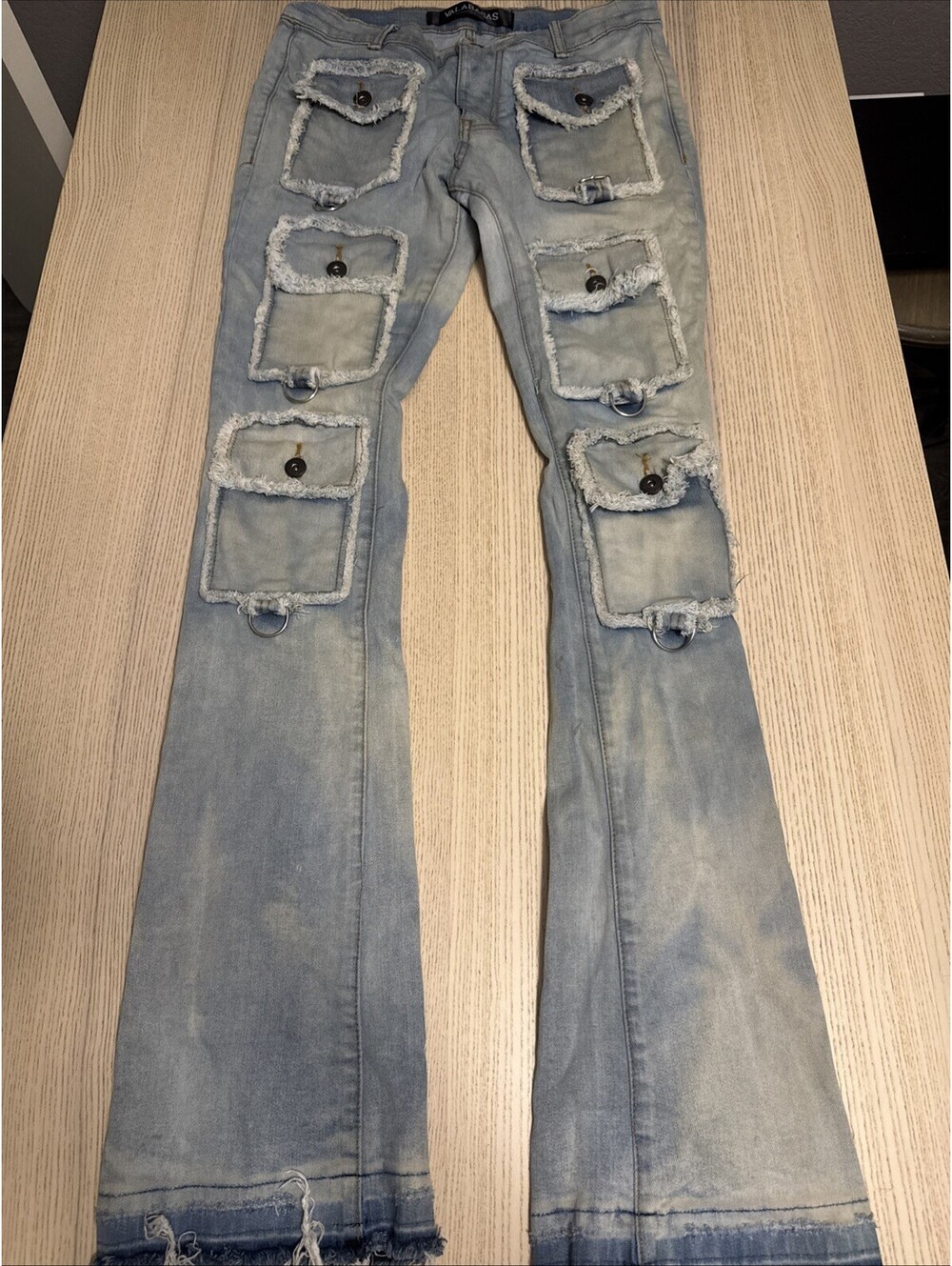 Valabasas Men 30 Light Wash Stacked Multi Pocket Cargo Jeans Denim Flare Y2K